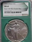 1993 $1 AMERICAN SILVER EAGLE NGC MS69 FROM US MINT SEALED BOX LABEL GREEN CORE