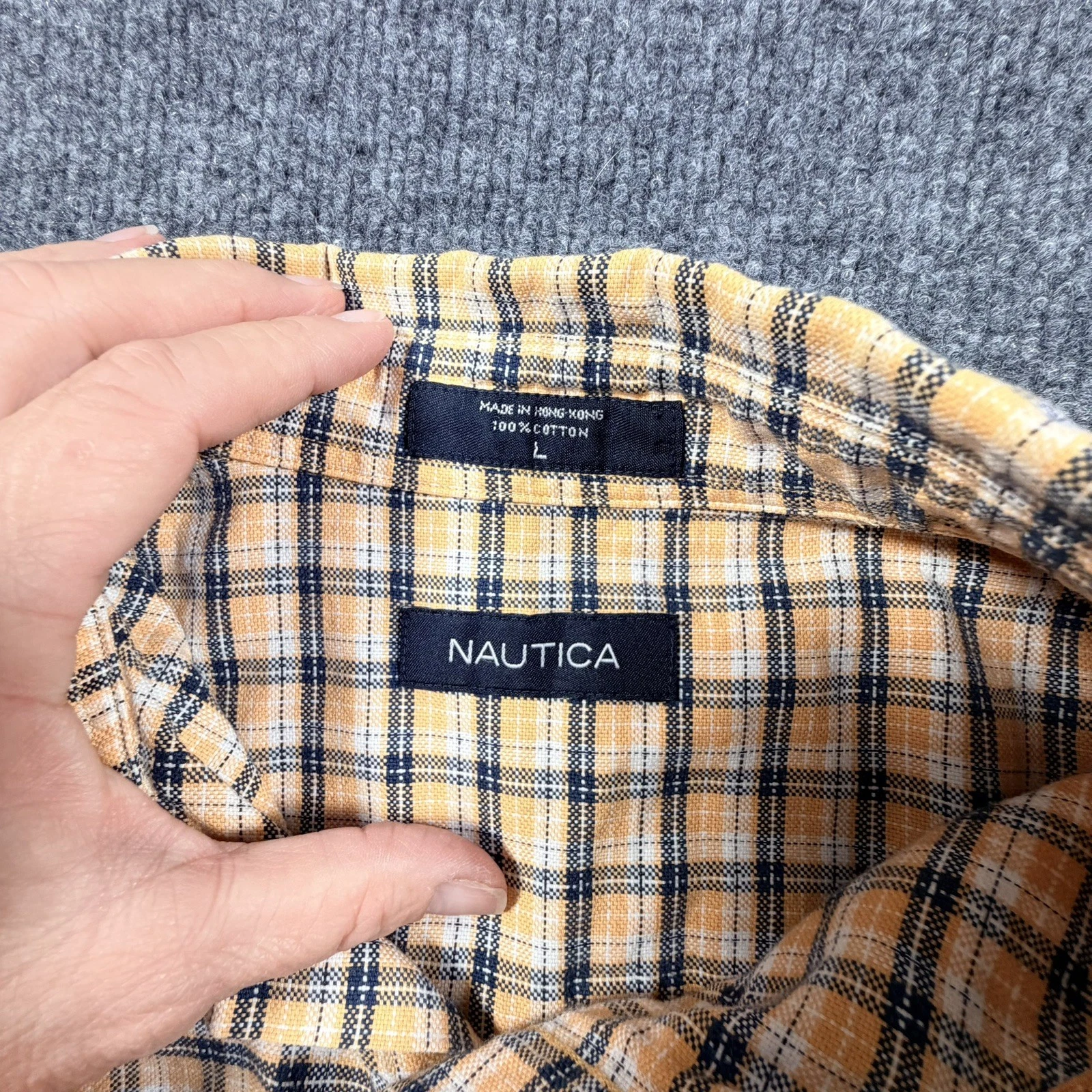 Nautica Men's Large Blue, Maize Plaid Slim Fit Long Sleeve  Button-Up  image 3
