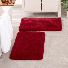 Christmas Red Set of 2 Non Slip Shaggy Bathroom Rugs Extra Thick Soft Bath Ma...