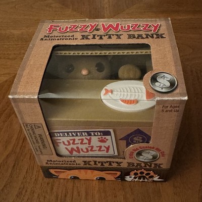 Fuzzy Wuzzy Motorized Animatronic Kitty Piggy Bank Cat Paw Takes Coin Works Meow