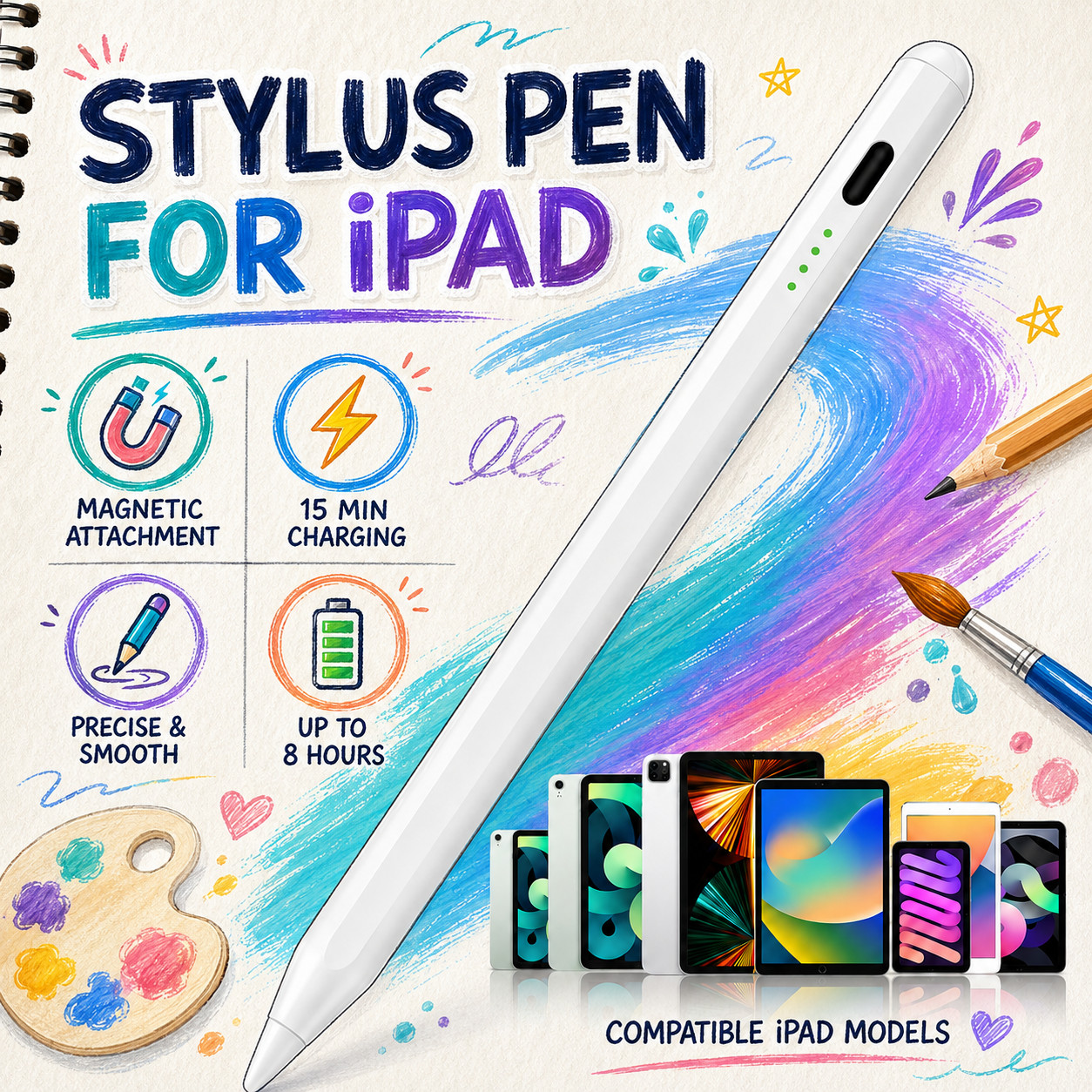 Stylus Pen for Apple iPad Pencil Magnetic USB-C Fast Charging Palm Rejection