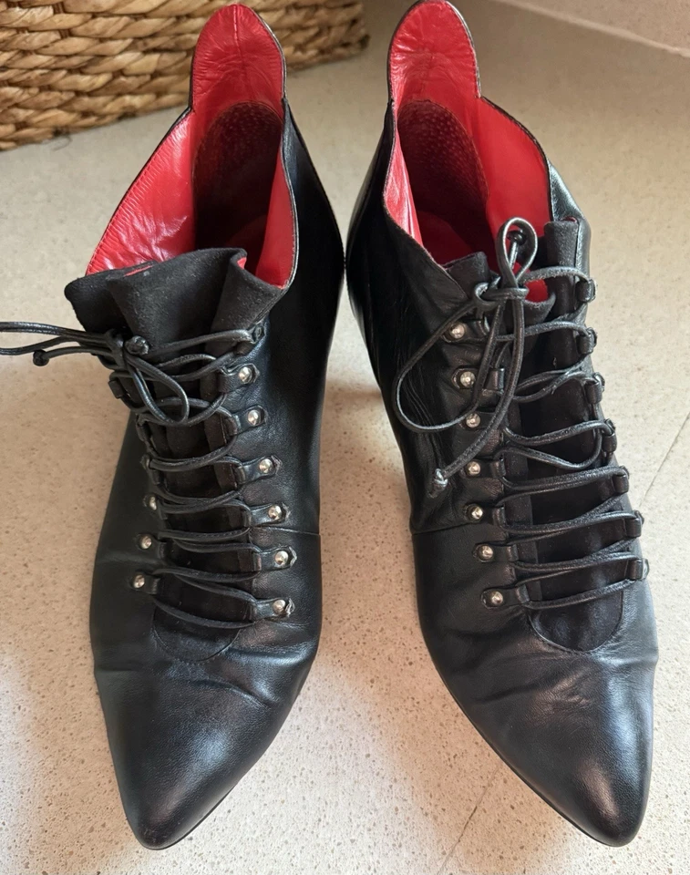 Vtg Nine West Q Jolene Black Size 9M Lace Up Granny Booties Leather Witch Core - Image 2 of 4