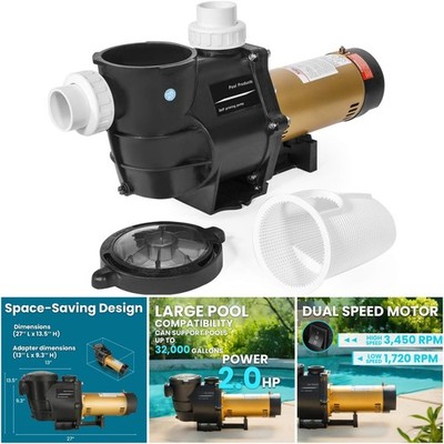 2hp In-Ground Pool Pump Dual Speed High Flow 230v Slip-On Fitting Adapter 5820
