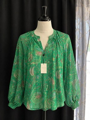 Silk Blend Tie Neck Top Hale Bob Green Paisley Print # NEW W/TAGS