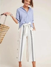Anthropologie 100% Linen Cream Gray Shorebound Cropped Wide Leg Pants Size XS