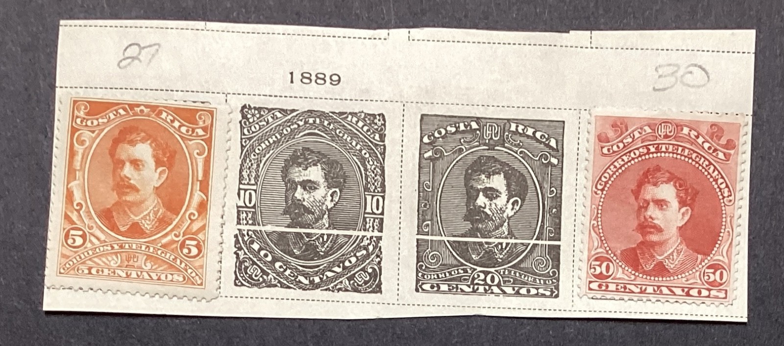 Costa Rica Stamps 1889 President Alfaro #27 5c #30 50c MH OG on paper