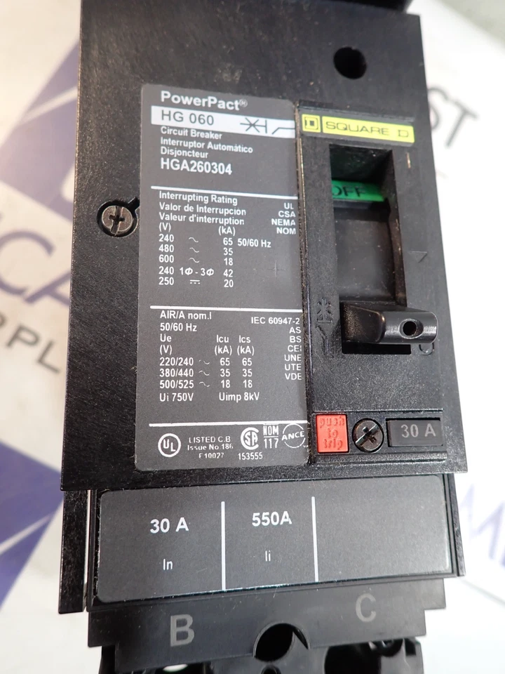 Square D PowerPact I Line Breaker HGA260304 2 pole 30 Amp 35kA @ 480VAC - TESTED - Image 2 of 4