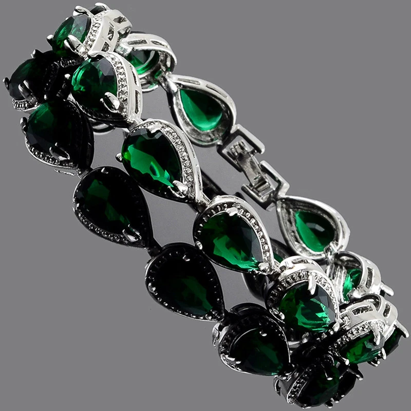 Pulsera Tenis Pera 7 Pulgadas Verde Esmeralda Circonita Cúbica Oro Blanco Relleno Regalo Foto 4 de 4