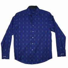 NWT Tasso Elba Navy Blue Combo Design Button Up Long Sleeve Shirt SMALL 14 14.5