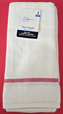 MAINSTAYS Tea Towels Kitchen 2 Pack White Red Stripe Hand Use Casual NEW w/ TAGS