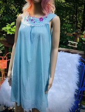 Vtg Chiffon Aqua Nightgown Dreamy Boho Med Nylon Babydoll Sheer 50s 60s