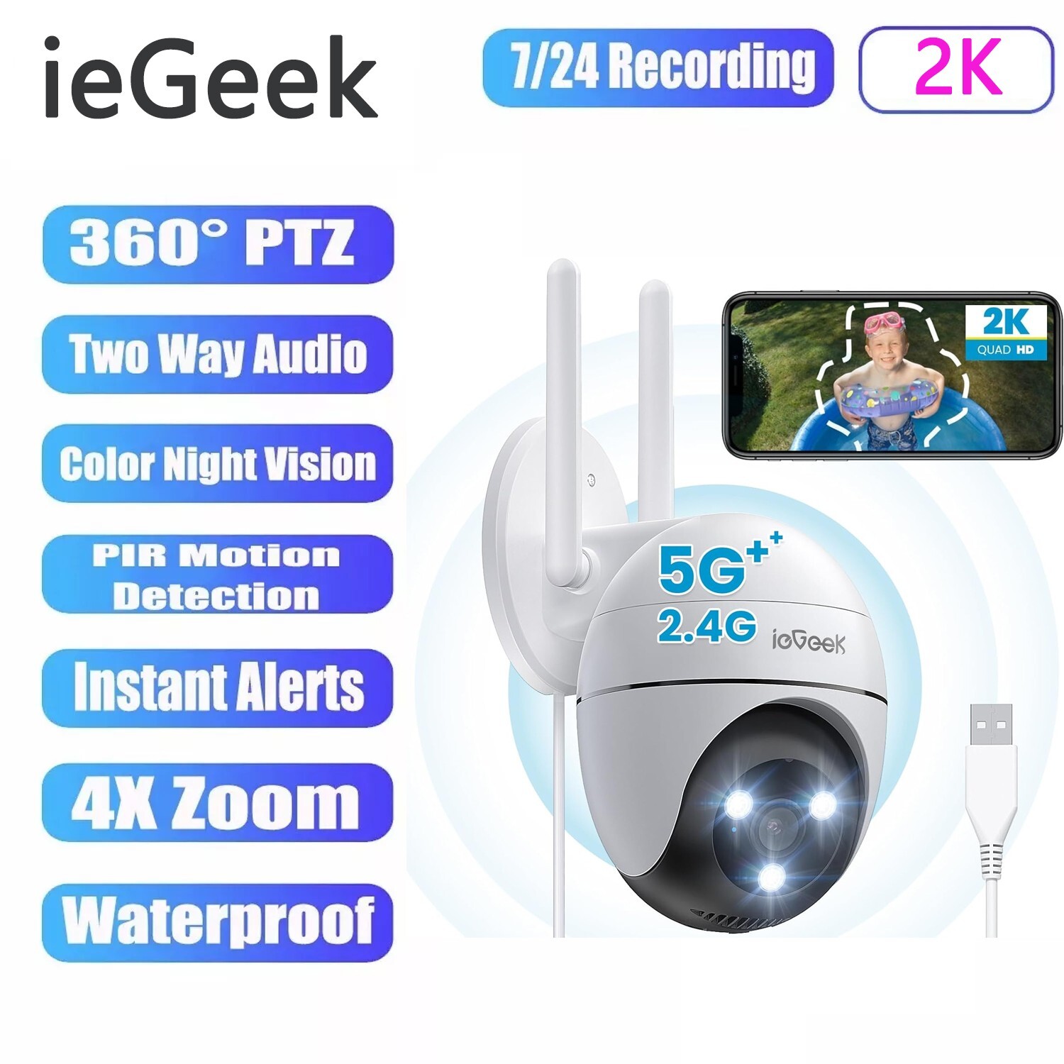 ieGeek Outdoor 360° PTZ Security Camera Home 2K Wireless WiFi CCTV Systems Alexa