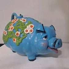 Vintage Giant Piggy Bank Universal Statuary 1976 Blue White Flowers Pig Floral