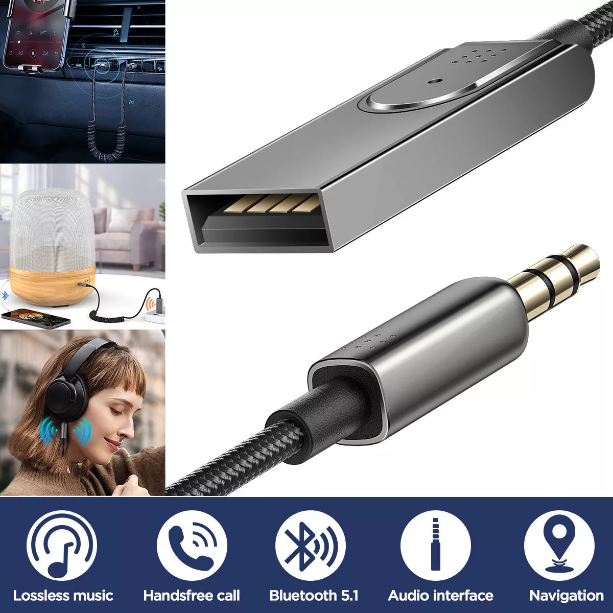 Aux Bluetooth Adapter For Car 3.5mm Jack Audio Bluetooth 5.0 Receiver  Automatic Connection USB BT Adapters Wireless Speaker Music Transmitter  With Dongle Cable