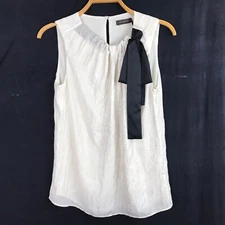 THE LIMITED Blouse Womens M Cream Sleeveless Career Black Bow Gathered Neck NEW