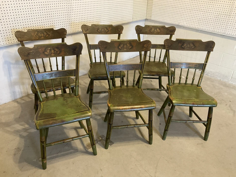 six green lancaster county plank seat paint decorated chairs - Image 2 of 4