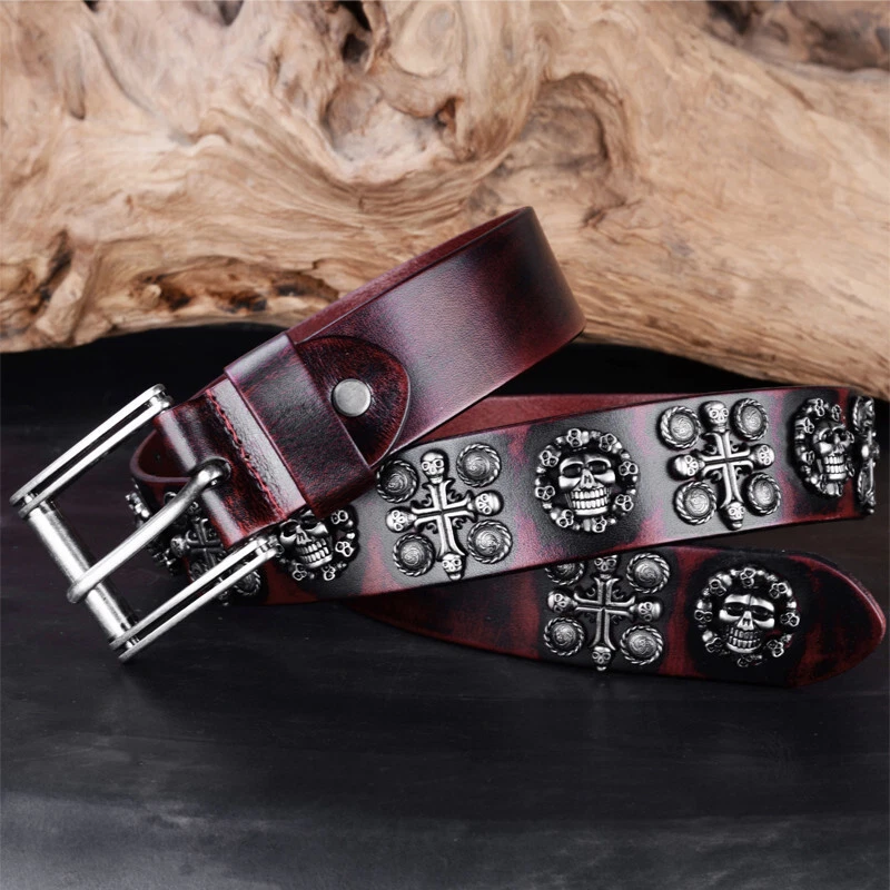 Hombres Retro Metal Remache Tachonado Cinturón Vaquero Cuero Genuino Punk Calavera Jeans Cinturones Foto 3 de 4