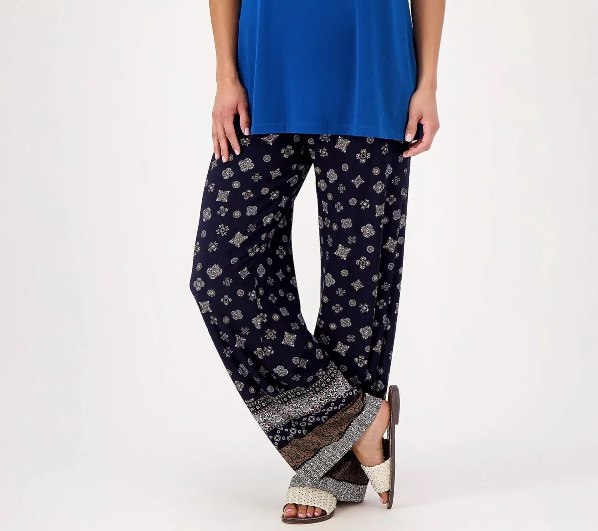 NEW SUSAN GRAVER LIQUID KNIT PRINT PULL ON WIDE LEG PANTS NAVY MEDIUM M