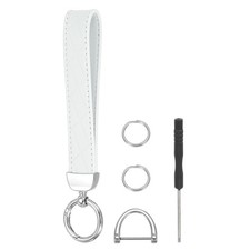 7" Leather Wristlet Keychain Car Key Chain Holder Silver Tone/White