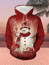 Red Snowman Hoodie Christmas Winter Snowflake 3D Graphic Holiday Pullover Unisex