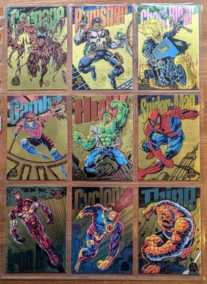 1994 Fleer Marvel Universe Komplettsatz 9 Gold PowerBlast Trading Cards RAR