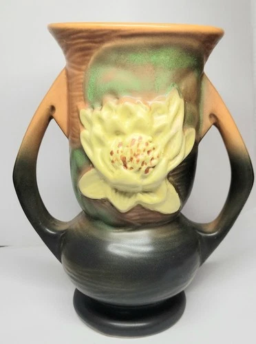 Original ROSEVILLE Art Pottery Brown Double Handle Vase Yellow WATER LILY 74-7