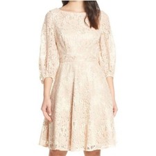 Eliza J Fit and Flare Lace Dress Pleated Demure Cream Mauve Size 6 NWOT Modest