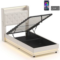3ft Single Bed Frame with Headboard, LED Lights and Charging Station Cream
