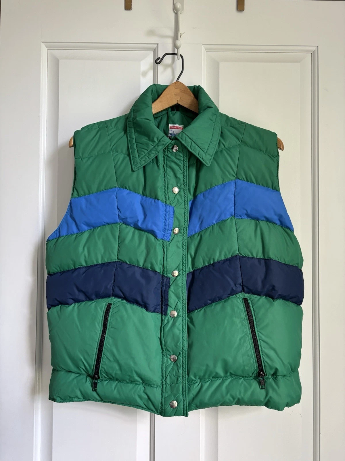 Vtg Down Puffer Vest Men's Med A Frostline Kit Green/Stripes Ski Outdoors 70s