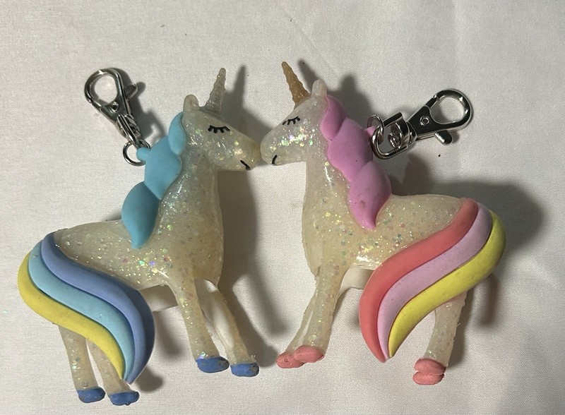 Set of 2 Glitter Unicorn Plastic Keychains, Detachable Keyring, Blue/Pink