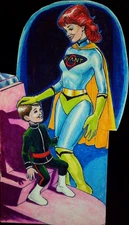 Riant Girl In Salmon Suit Spandex Superhero Little Boy Comic Book Panel Drawing