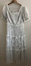 Ivy City Co. Ballerina Midi Ivory Roses Dress Tulle Puff Sleeve Fit & Flare XL