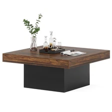 35" Modern Square Coffee Table with Led Light, Wood Center Table for Living Room