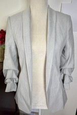 H M Women  s Blazer Size 2 Gray Ruched Sleeves Open Front Business Feminine