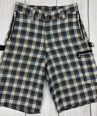 VGC! VTG Dogpile Bondage Plaid Shorts Summer Slam Punk Y2K Blue Green Sz 28