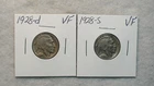 1928 D & S 2 COIN BUFFALO NICKEL  SET  VERY FINE CIRCULATED 5C Coins BUY IT NOW
