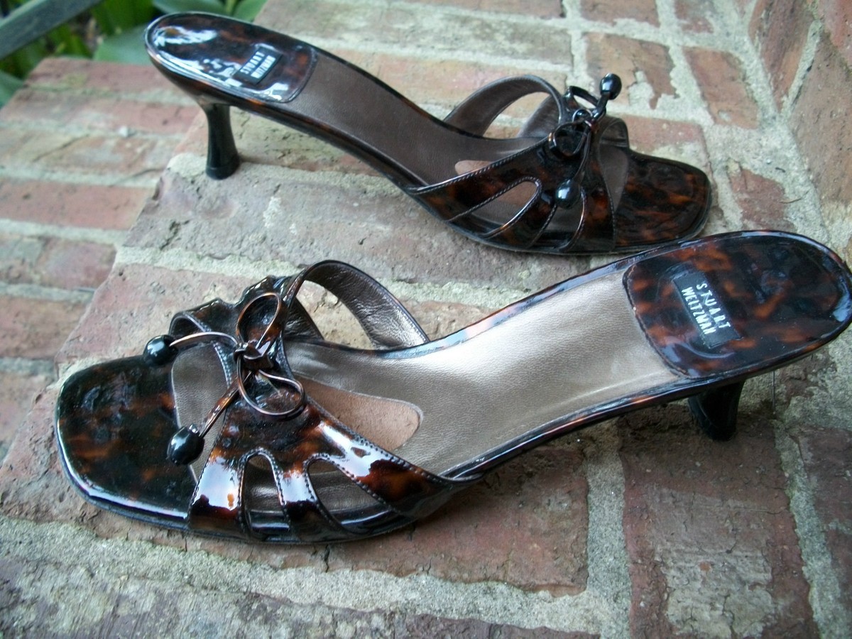 STUART WEITZMAN LEOPARD TORTOISE PATENT BOW TIE OPEN TOE
