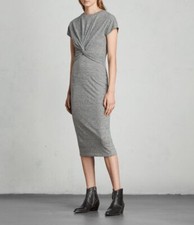 All Saints Women's Grey Paloma Long Dress Grey Stripe Bodycon Knot - RRP £98