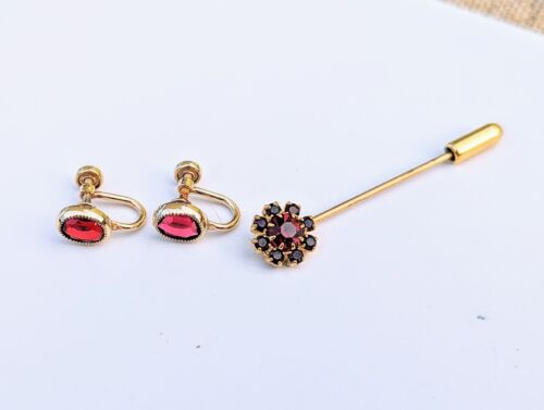 Spilla Stick Fiore Granato BOHÉMIEN vintage e Set Orecchini Riempiti Oro 12k TINY ROSSI - Foto 3 di 11