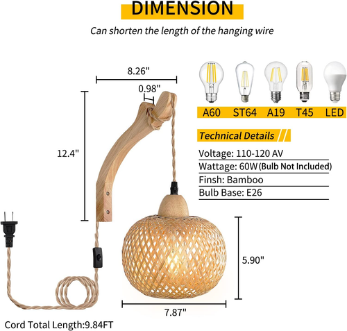 Frideko Bambus Laterne Steck Wandleuchter Korb Wandlampe mit Steckkabel H - Bild 4 von 8