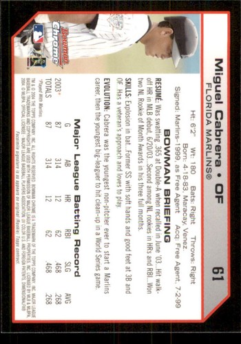 2004 Bowman Chrome #61 Miguel Cabrera - Picture 2 of 2