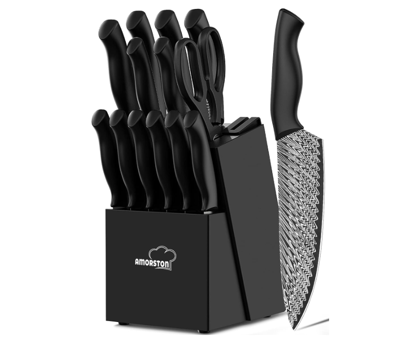 Knife Set, 15 Piece Kitchen Knife Set with Built in Knife Sharpener Block - C-image