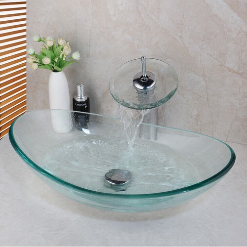 US 22" Bathroom Vessel Sink Clear Tempered Glass Wash Bowl Deck Mount Mixer Tap - Picture 7 of 9