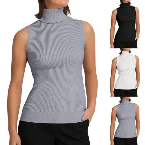 22/5000 Women's Slim Fit Solid Color Vest Sweater Knitted Sleeveless Turtleneck