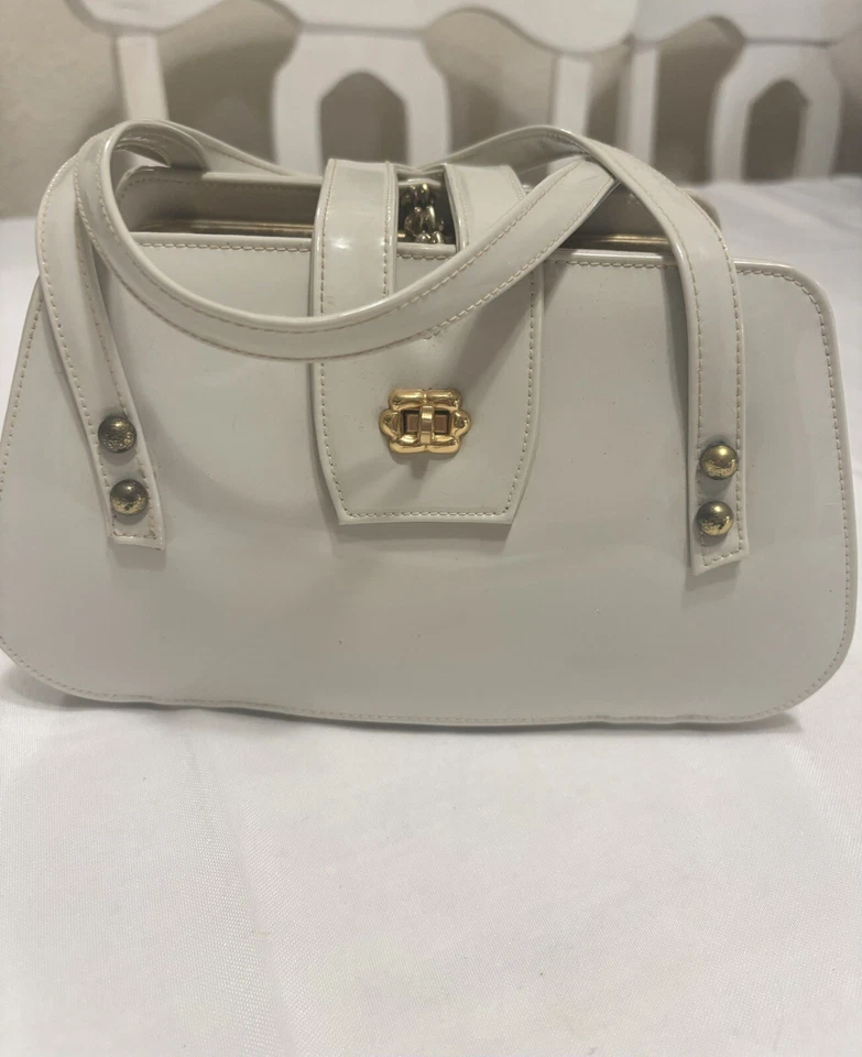 Винтажный Lou Taylor бежевый искусственной лакированной кожи сумка сумочка, три отделения - Изображение 2 из 4