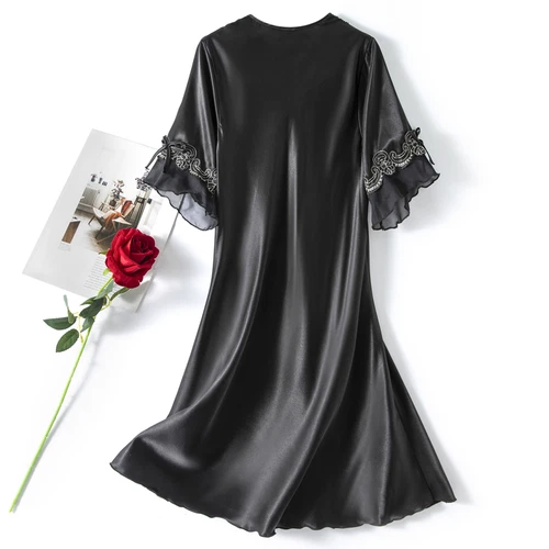Damen Satin Nachthemd Sommer Luxus Weich Spitze Kurzarm V-Ausschnitt Schlafshirt - Bild 4 von 32