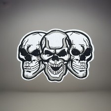 TRIPLE SKULL EMBROIDERED IRON ON BIKER PATCH APPROX: 2.50  X 3.75  