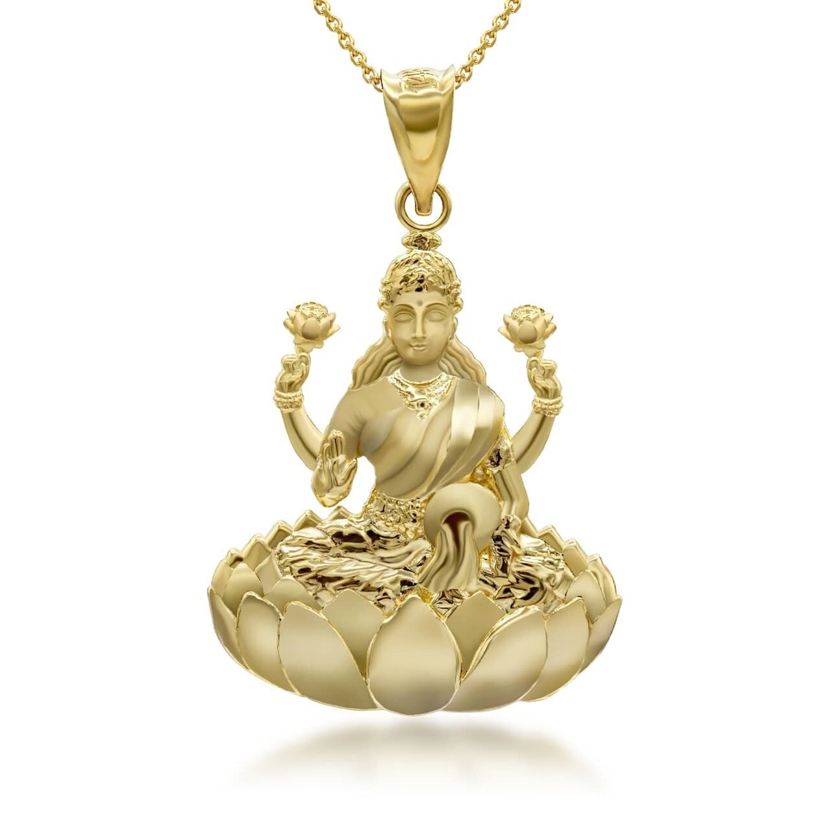 10K Solid Gold Lakshmi God Hindu Pendant Necklace Yellow, Rose
