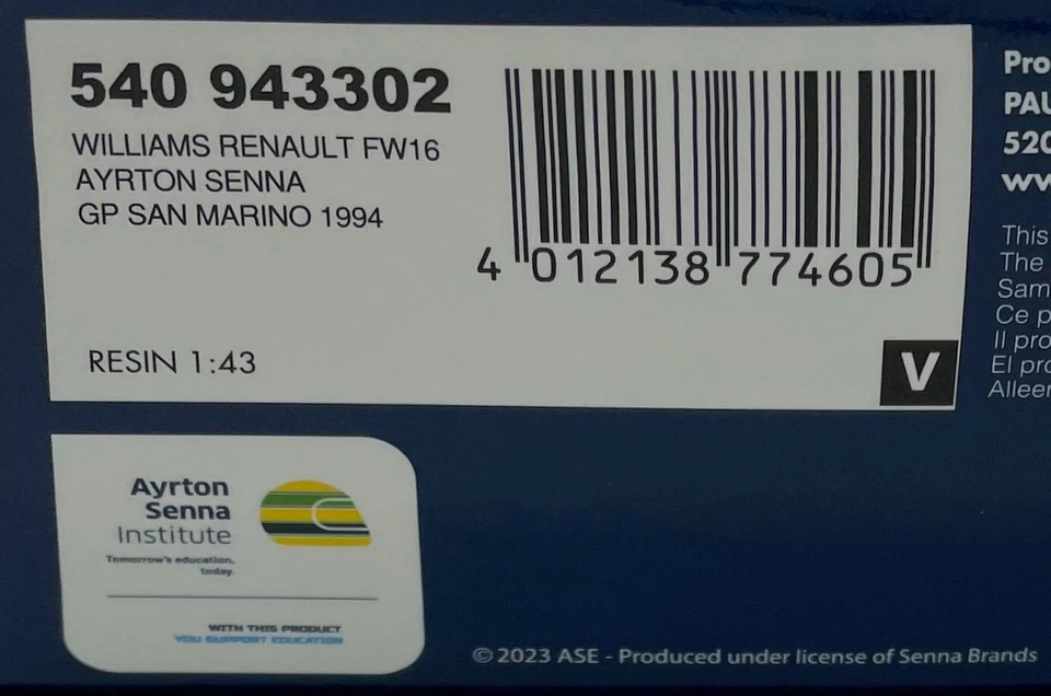 Minichamps Williams FW16 #2 San Marino GP 1994 - Ayrton Senna 1/43 Scale - Image 4 of 4