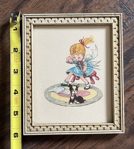 Instrumento musical Donald Art Co NY impreso 1829 enmarcado. Imagen de niña y perro - Imagen 10 de 11